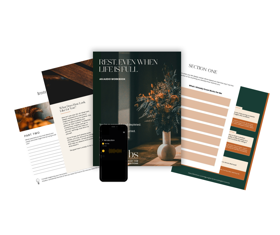 Rest, Even When Life Is Full workbook pages fanned out with the audio companion on a phone